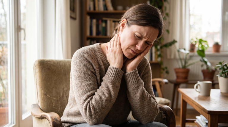 Adult holding the jaw and the side of the neck, showing how TMJ and neck pain often occur together