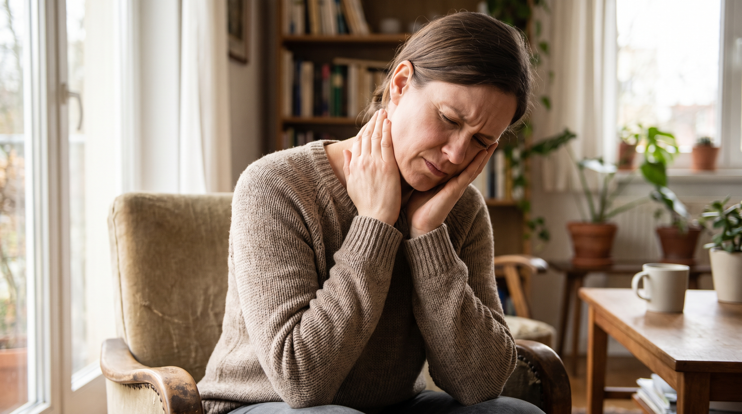 Adult holding the jaw and the side of the neck, showing how TMJ and neck pain often occur together