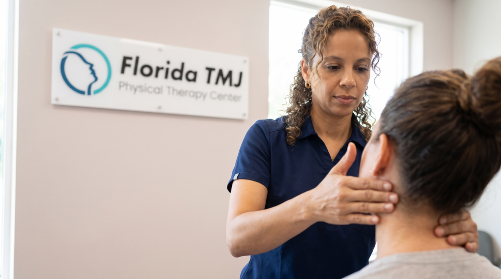 Physical therapist assessing the muscles in the jaw and neck during a TMJ neck pain evaluation in Pembroke Pines, FL