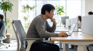 Adult working at a desk with forward head posture, a common contributor to posture and TMJ pain
