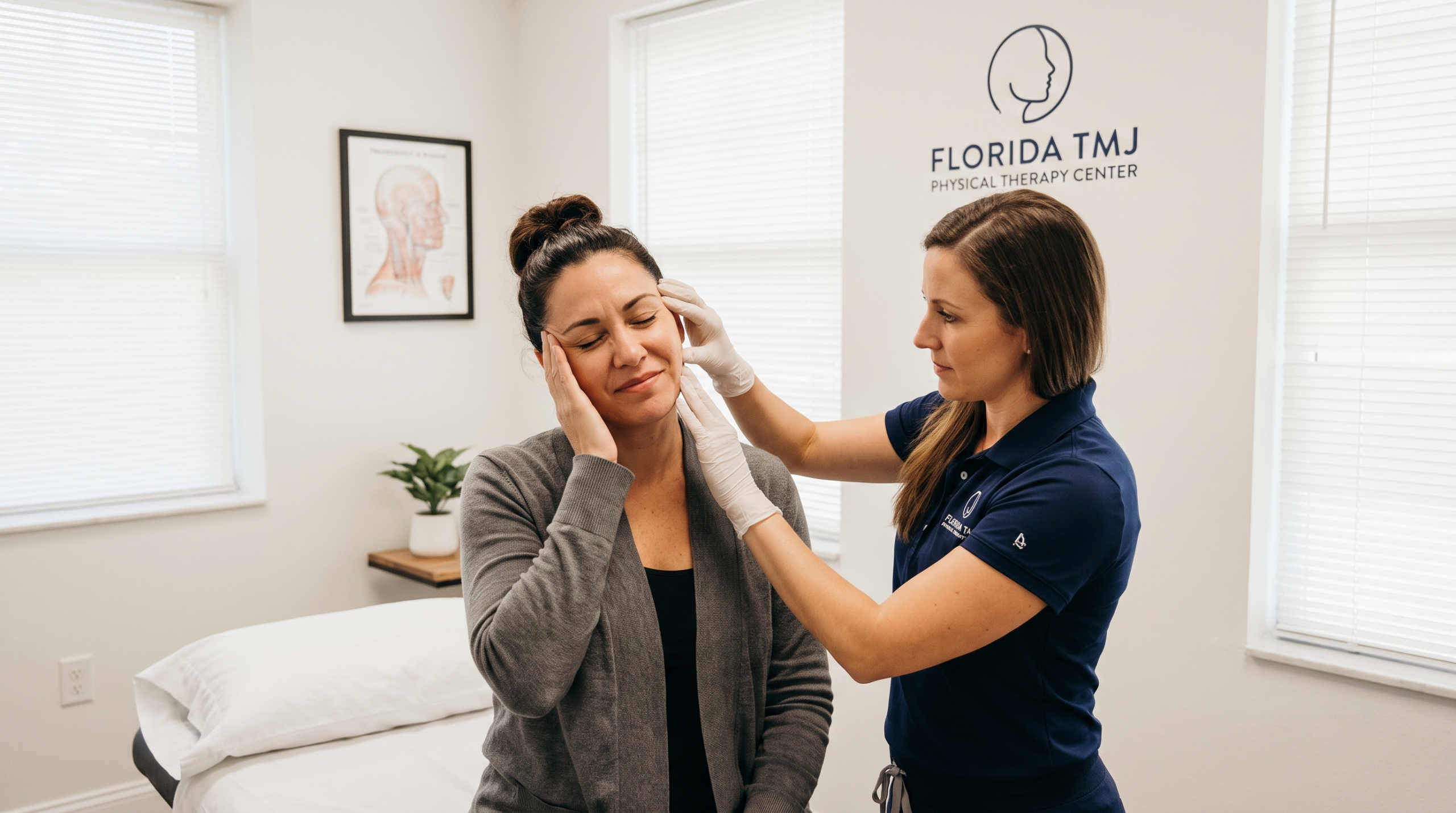 Physical therapist at Florida TMJ Physical Therapy Center performing a jaw and facial assessment on a patient in Pembroke Pines, FL