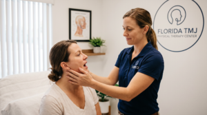 Physical therapist assessing a patient's jaw range of motion during a TMJ evaluation