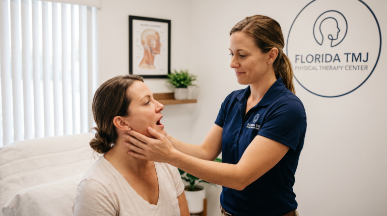 Physical therapist assessing a patient's jaw range of motion during a TMJ evaluation