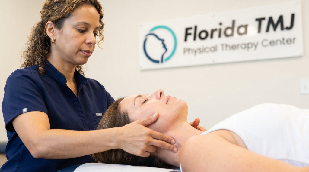 Therapist performing manual therapy on the jaw and neck muscles to relieve TMJ neck pain